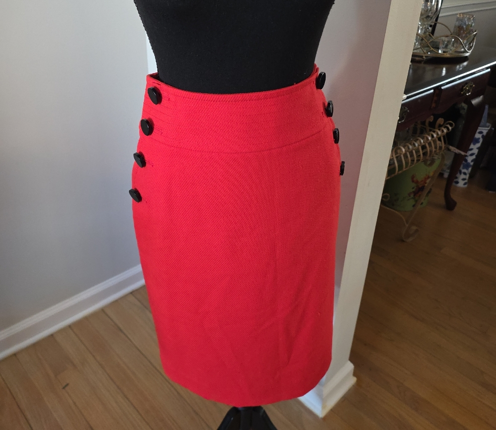 LOFT Red Pencil Skirt with Black Button Detail. Perfect For Spring.